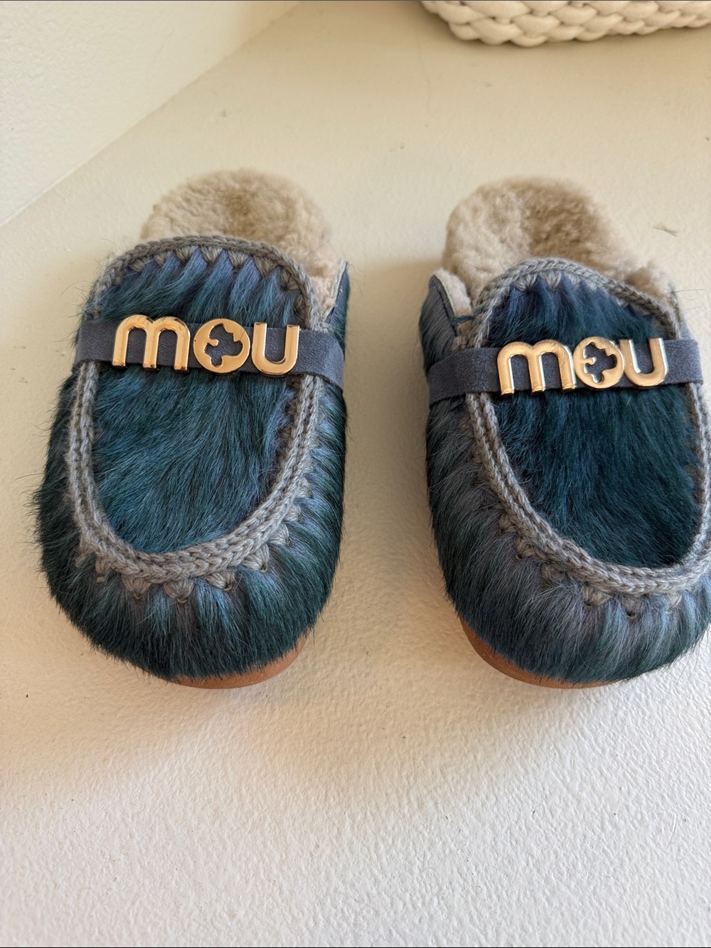 Mou Dark Teal Fur Clog Mules with Gold Logo